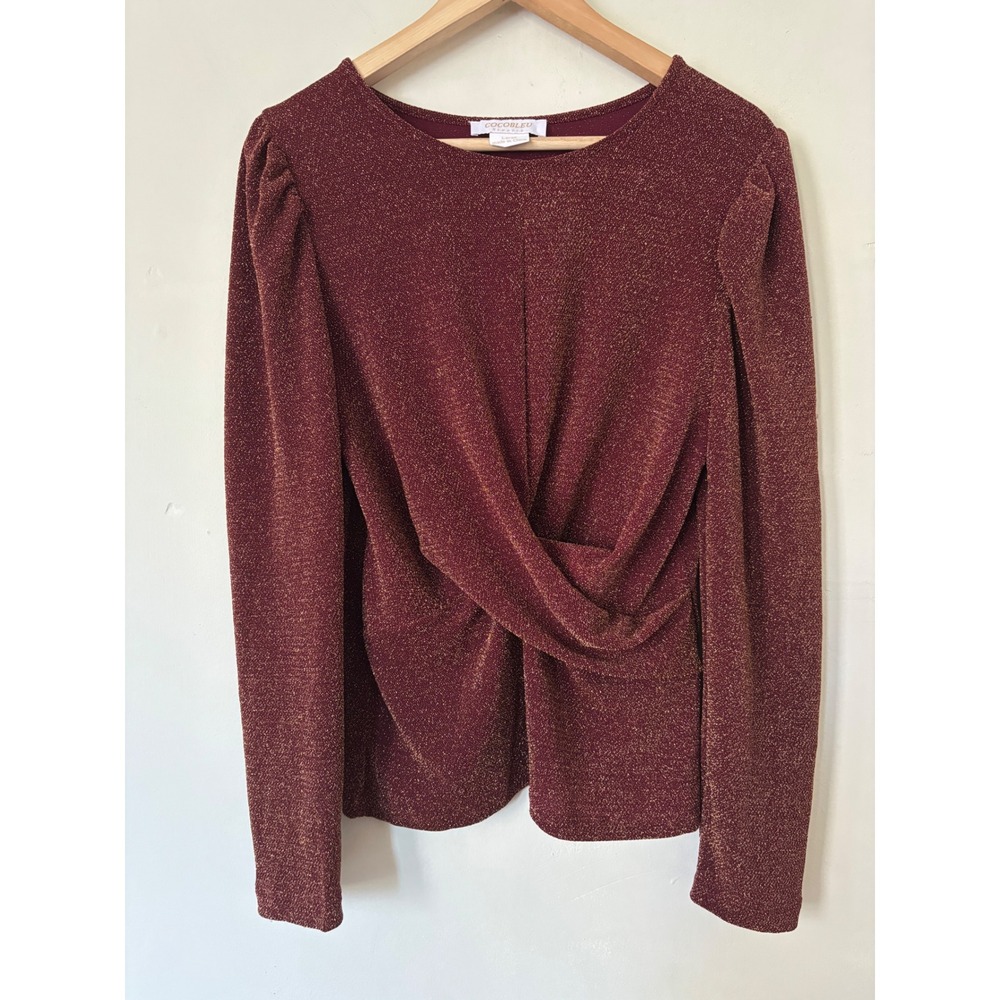 Cocobleu New York Burgundy Gold Metallic Twist Front Puff Sleeve Blouse Large